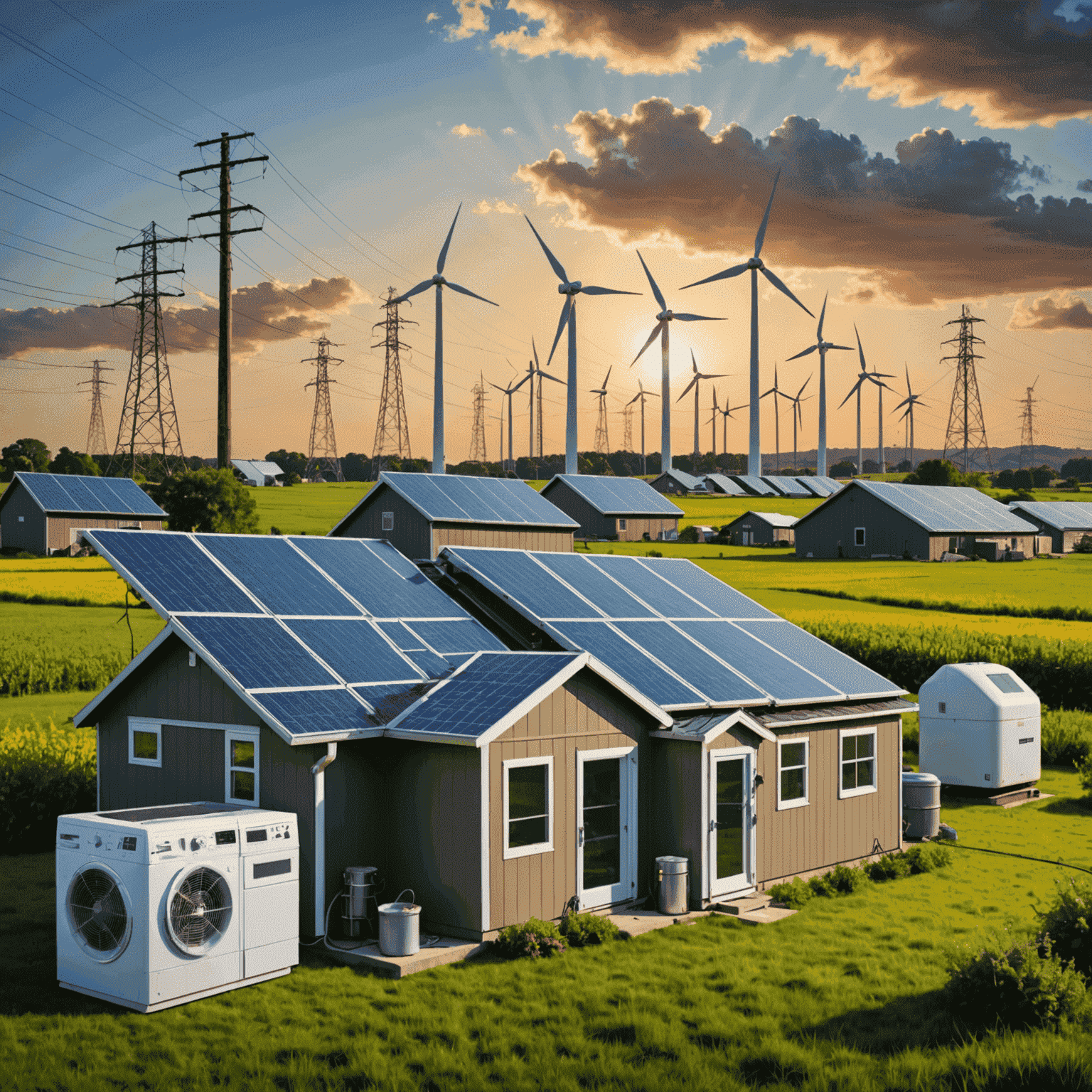 Image depicting latest energy news, showing a collage of renewable energy sources, power lines, and energy-efficient appliances