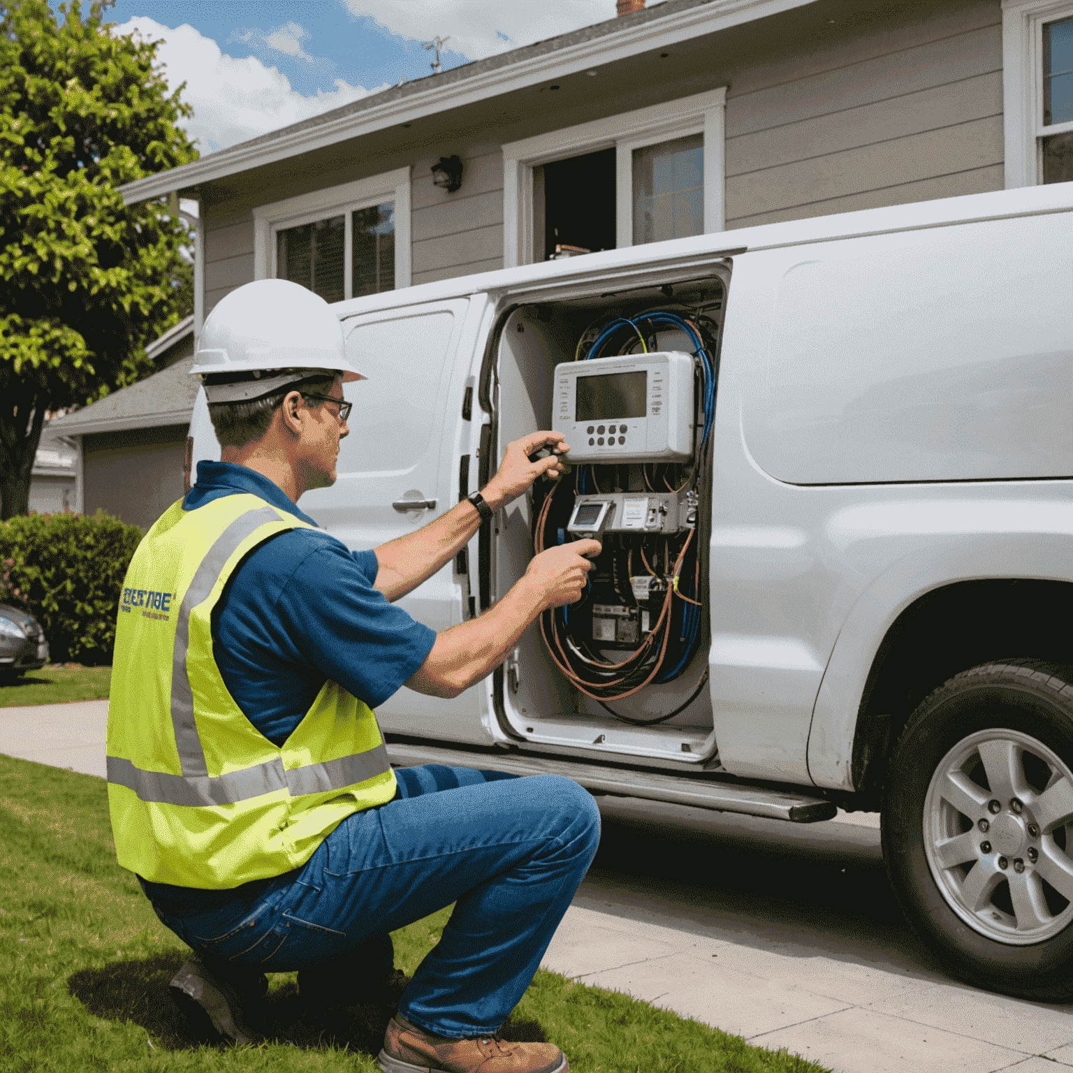 A technician installing a new smart meter on the side of a house, with a PG&E truck visible in the background