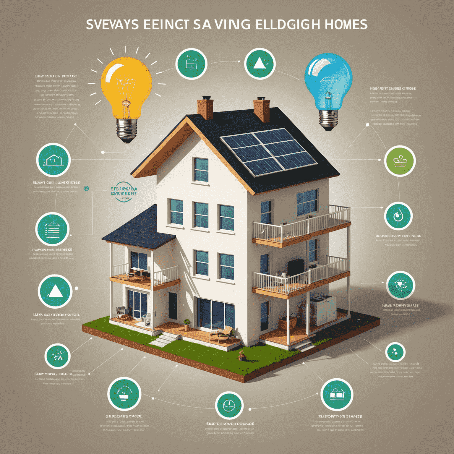 Infographic showing various energy-saving techniques for homes and businesses, including LED lightbulbs, smart thermostats, and energy-efficient appliances