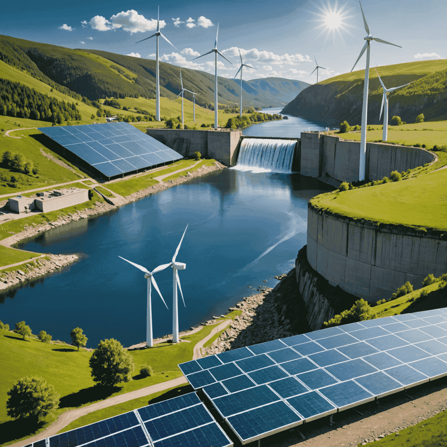 Collage of renewable energy sources: solar panels, wind turbines, and a hydroelectric dam