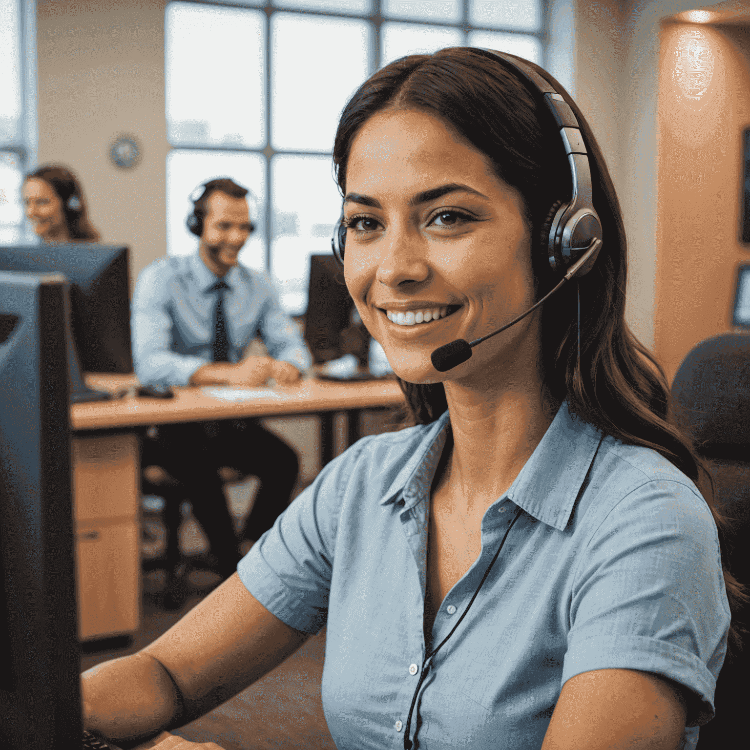 A friendly customer service representative using a headset and smiling while working on a computer, ready to assist with PGE-related inquiries
