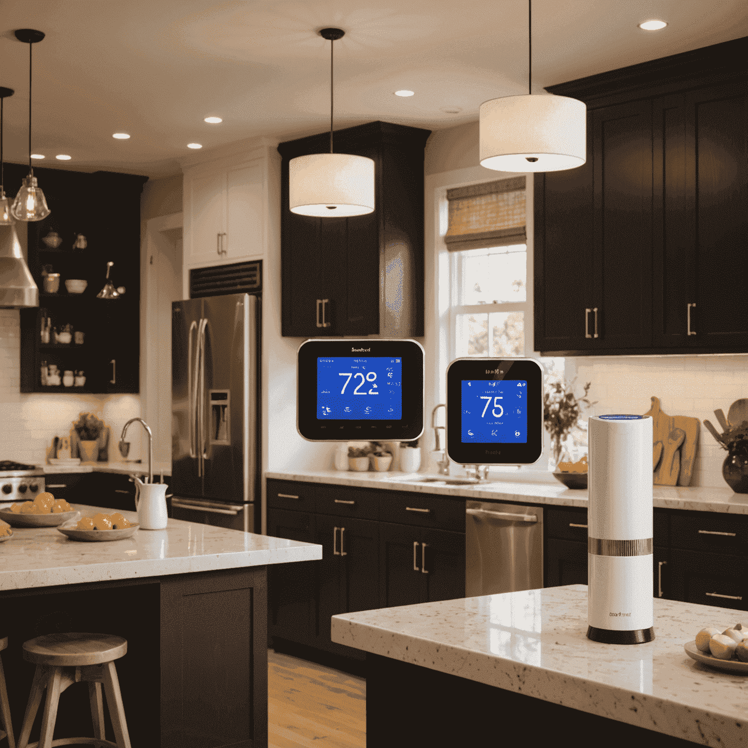 Image showing energy-saving tips, featuring a smart thermostat, LED bulbs, and energy-efficient appliances