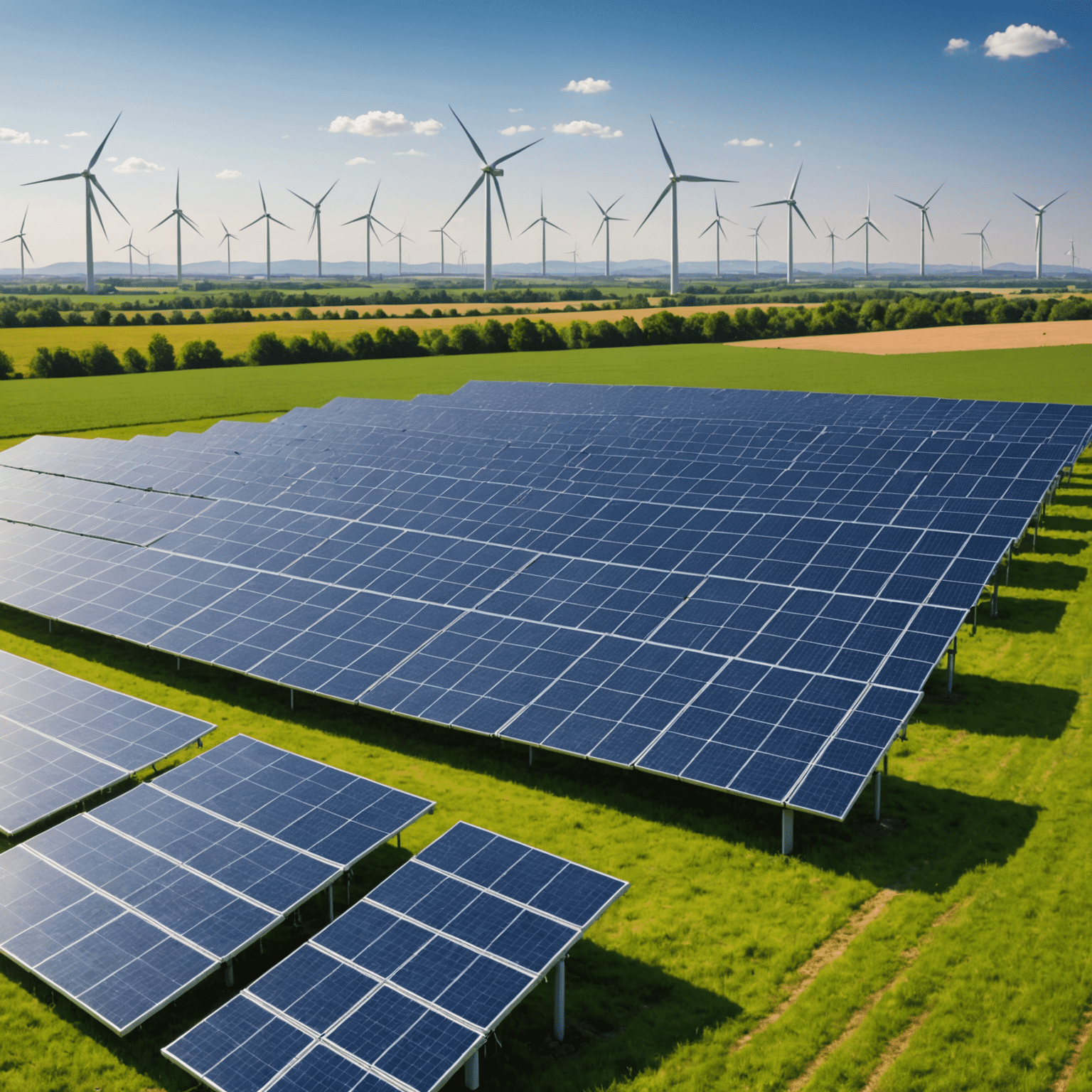 A large solar panel field with wind turbines in the background, symbolizing clean energy investment