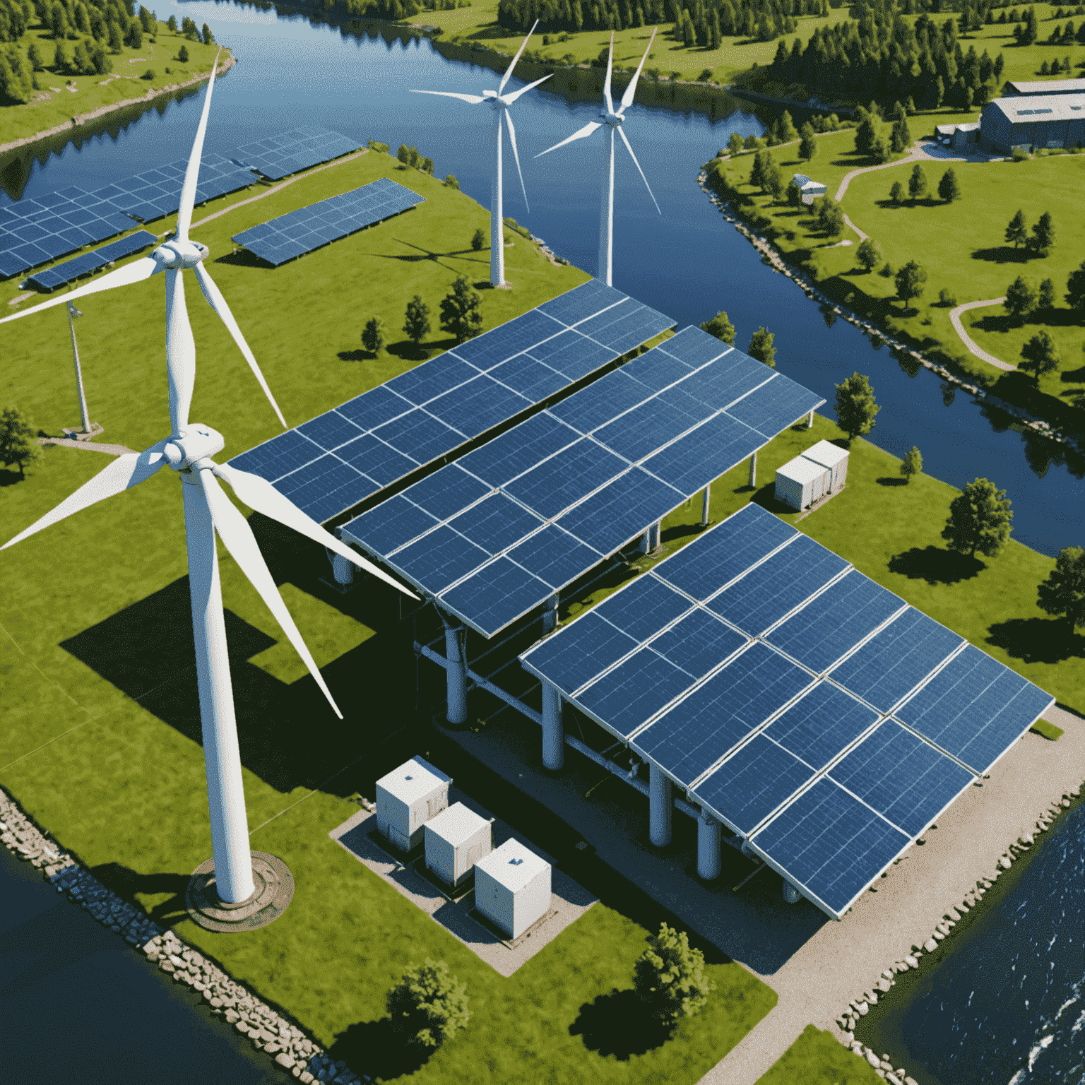 Image showcasing renewable energy sources, including solar panels, wind turbines, and a hydroelectric dam