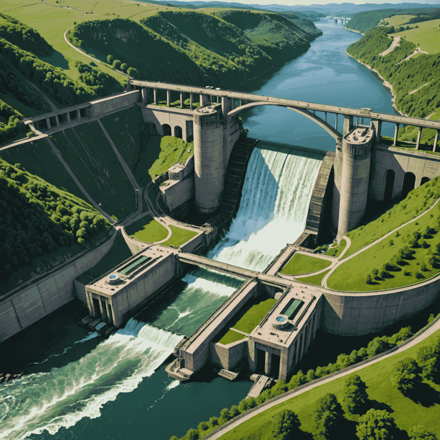 A large hydroelectric dam with water flowing through turbines, surrounded by lush green landscape