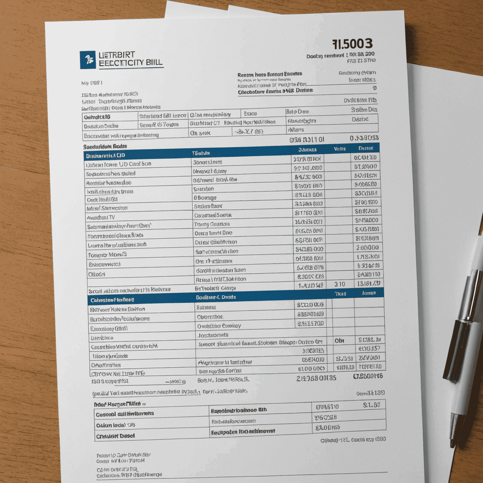 A sample electricity bill with highlighted sections for amount due, usage, and payment date