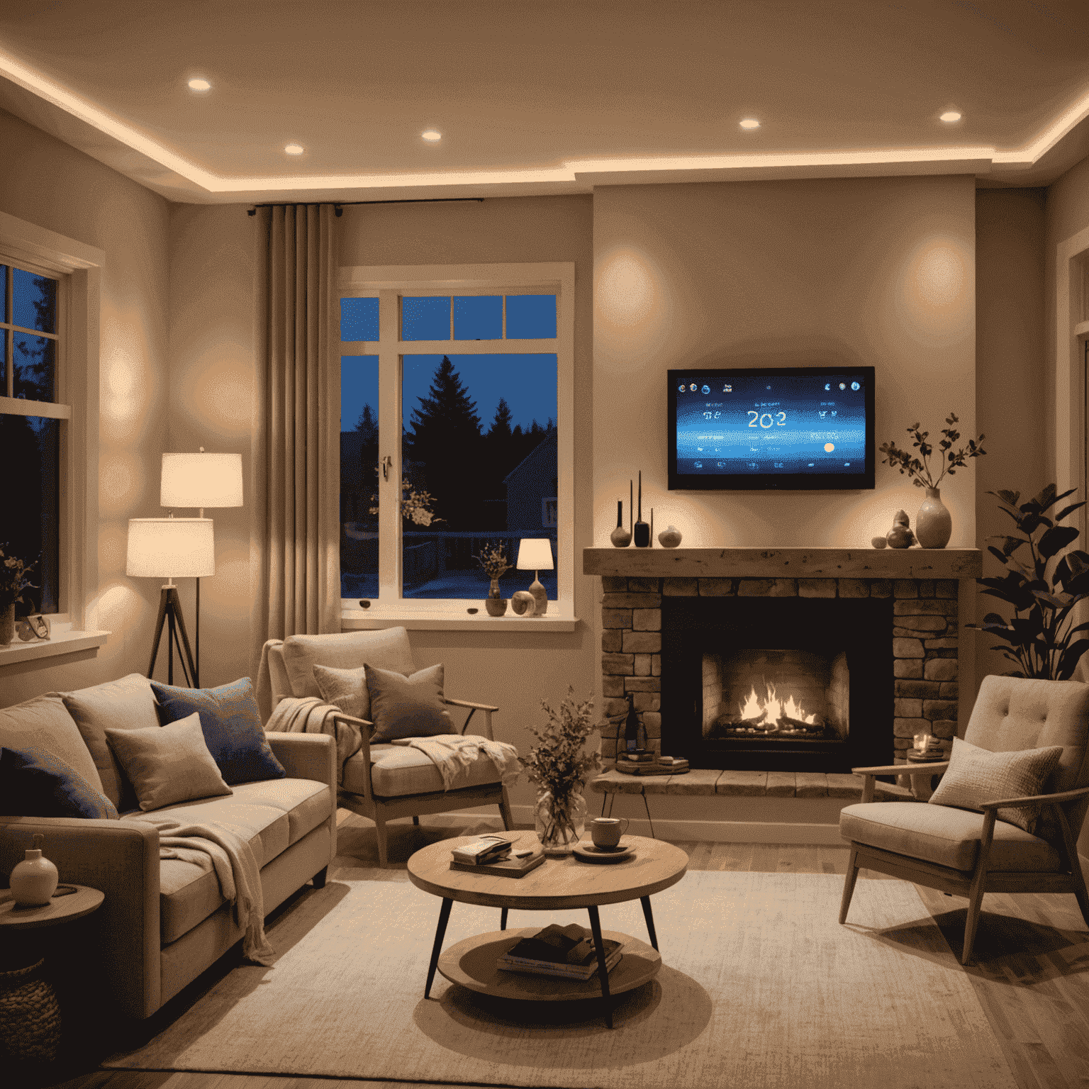 A cozy living room with energy-efficient LED lights and a smart thermostat visible