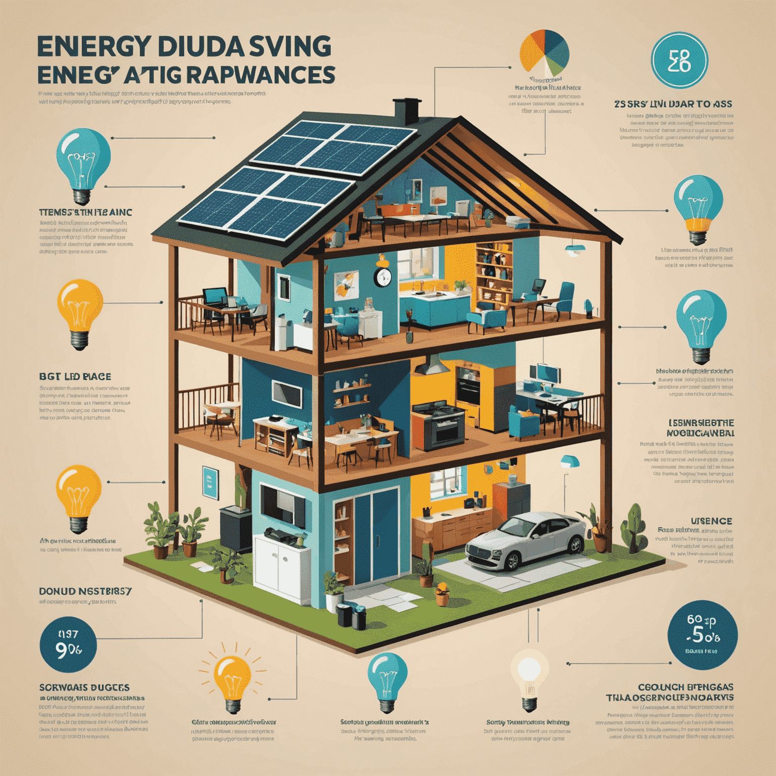 Infographic showing various energy-saving tips like LED bulbs, smart thermostats, and energy-efficient appliances