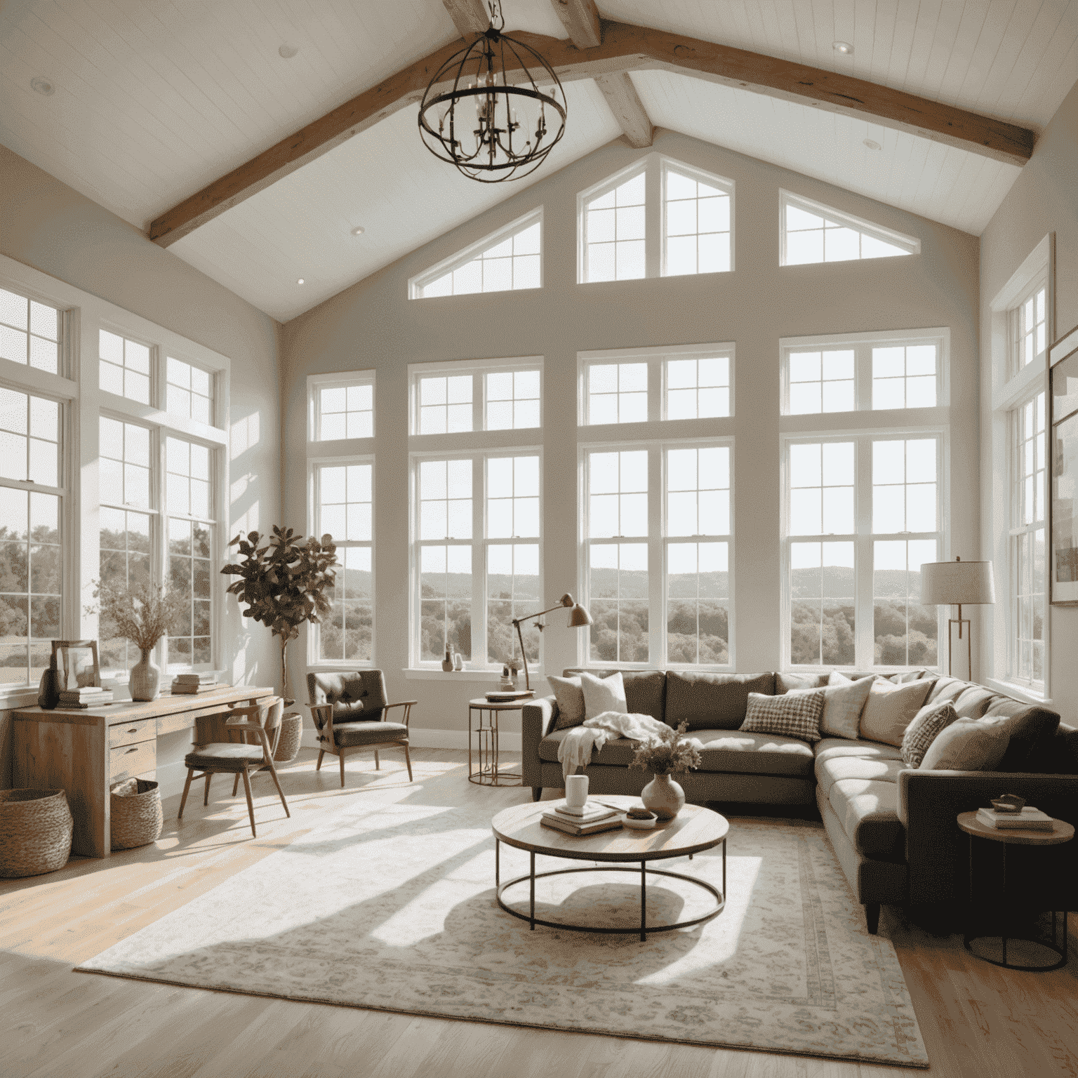 A bright, airy room with large windows allowing natural light to illuminate the space